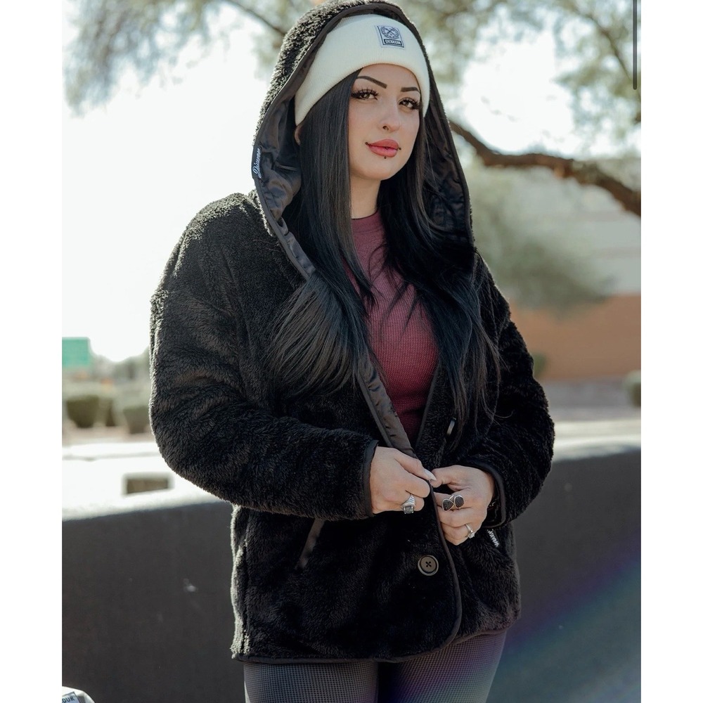 Dixxon Women's M Sherpa Cardigan Jacket Black Button Up Hooded Travel Gorpcore